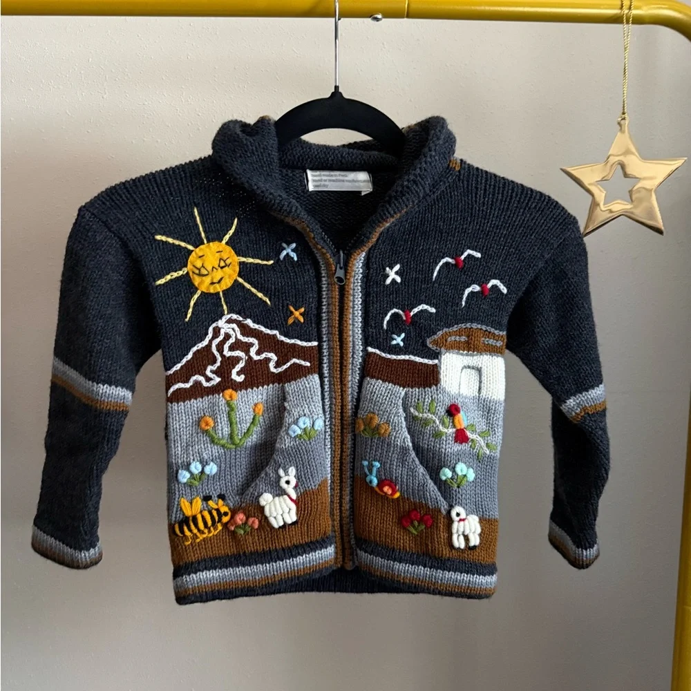Handmade Peru Baby Sweater 12-18M Embroidered Zip Cardigan Alpaca Style - Picture 1 of 5